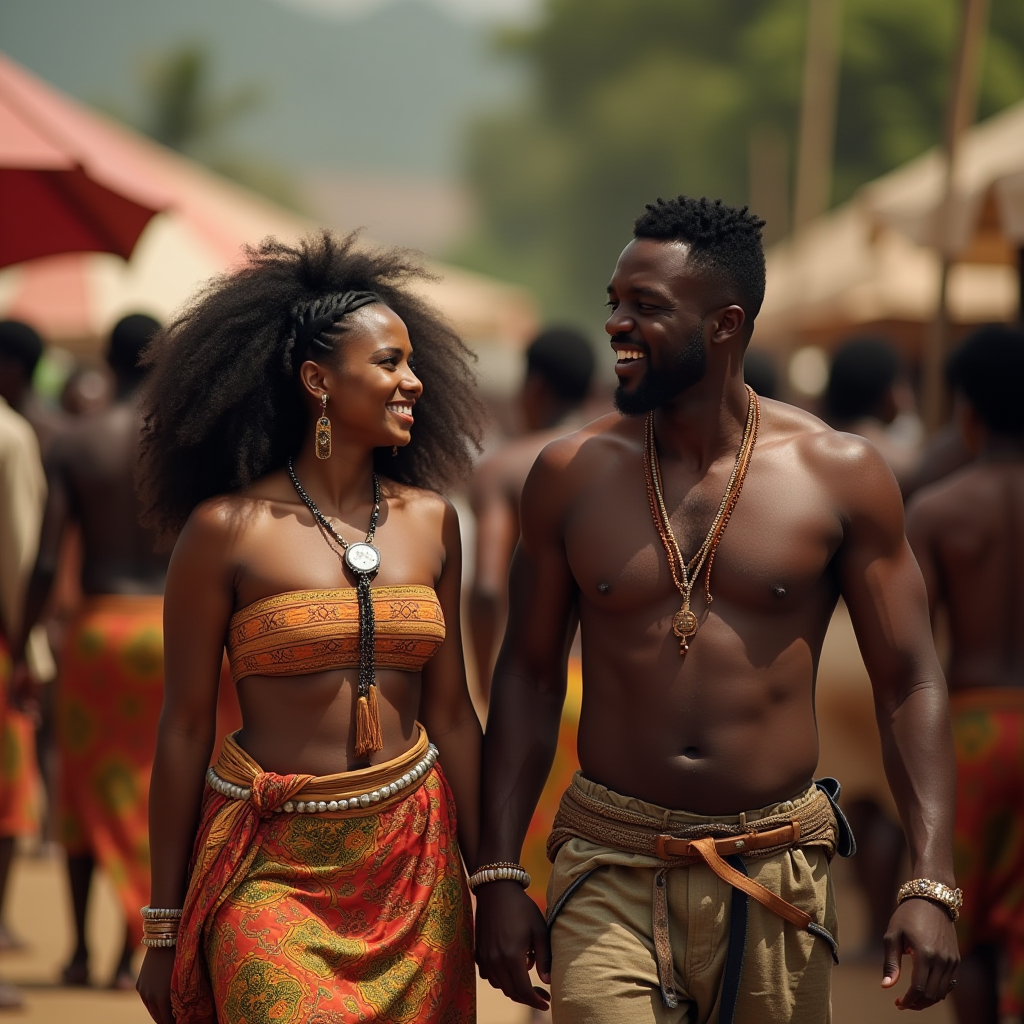 A scene of a couple walking through a cultural festival, the man explaining the significance of a dance performance, his animated gestures showing deep appreciation for his heritage.