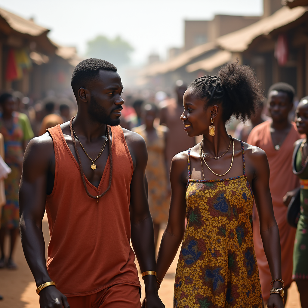 A bustling African marketplace with a man respectfully guiding his partner through the crowd, making sure she feels safe, his gestures subtle yet protective.