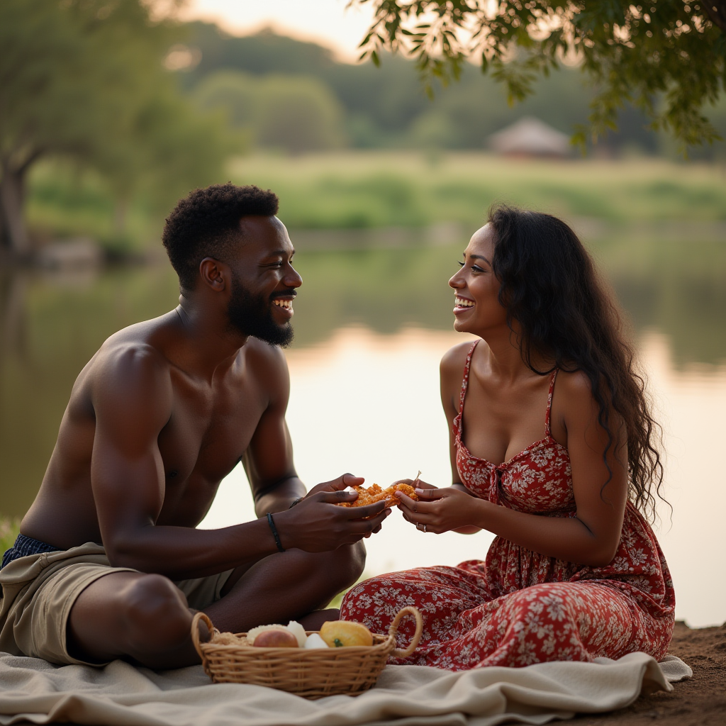  romantic picnic near a serene African river, with the man presenting a small, thoughtful gift to the woman, their connection evident in their joyful expressions.