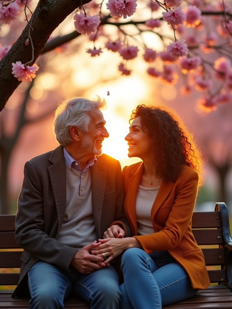 An intimate scene of an age-gap couple sitting on a sunlit park bench, holding hands as the sun sets behind them. The older partner, a distinguished man with graying hair and a warm smile, leans in to share a laugh with his younger companion, a woman in her mid-20s with vibrant, curly hair and a carefree demeanor. Surrounding them are blooming cherry blossom trees, petals gently falling like confetti, creating a romantic ambiance.