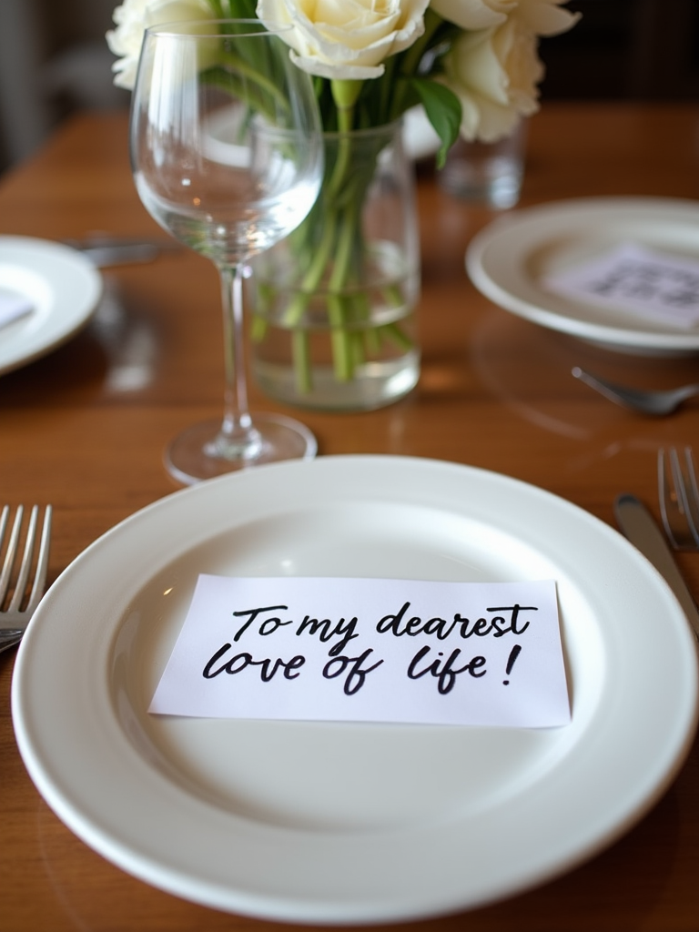 A beautifully set dinner table with handwritten notes of appreciation placed beside each plate, symbolizing gratitude and love shared during mealtime.