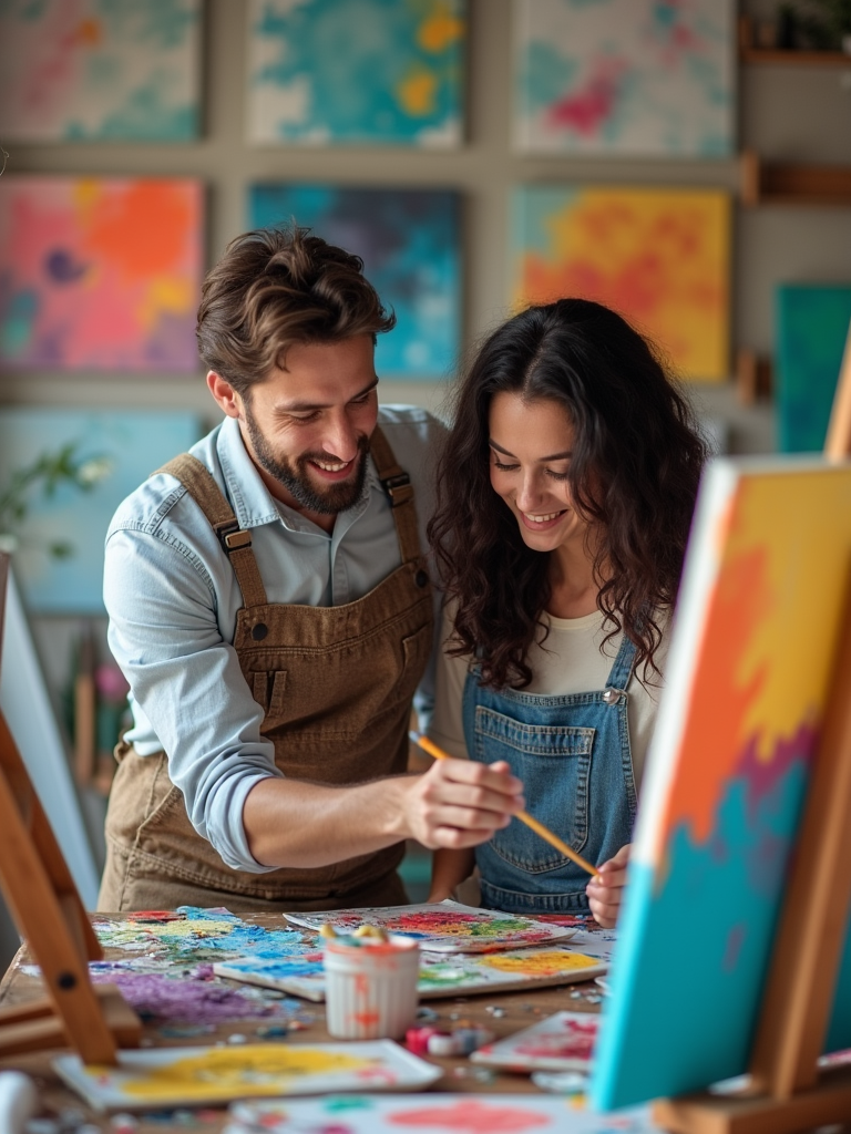 A cheerful couple working on a vibrant painting together in a creative and colorful art studio.