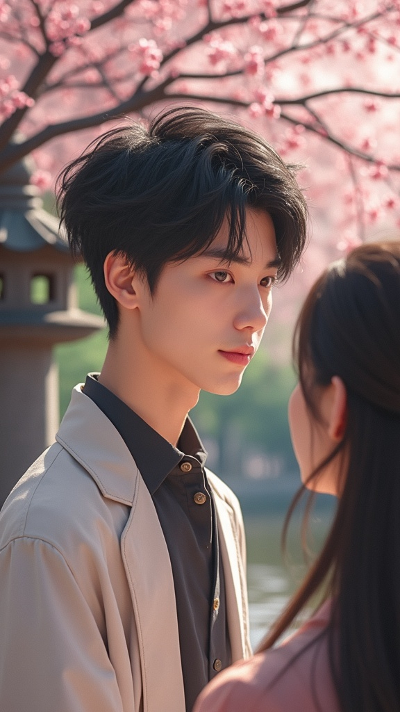 A young Asian man in a serene park setting, subtly glancing at a woman with a fleeting look of affection. His eyebrows are slightly raised, and his lips form a gentle smile. The background features cherry blossoms and a traditional stone lantern.