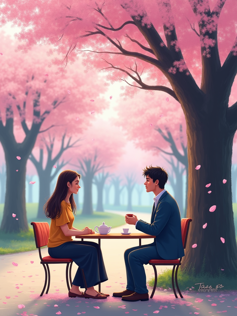 A whimsical illustration of a couple seated at an outdoor table under trees in full bloom with pink cherry blossoms, sipping tea.