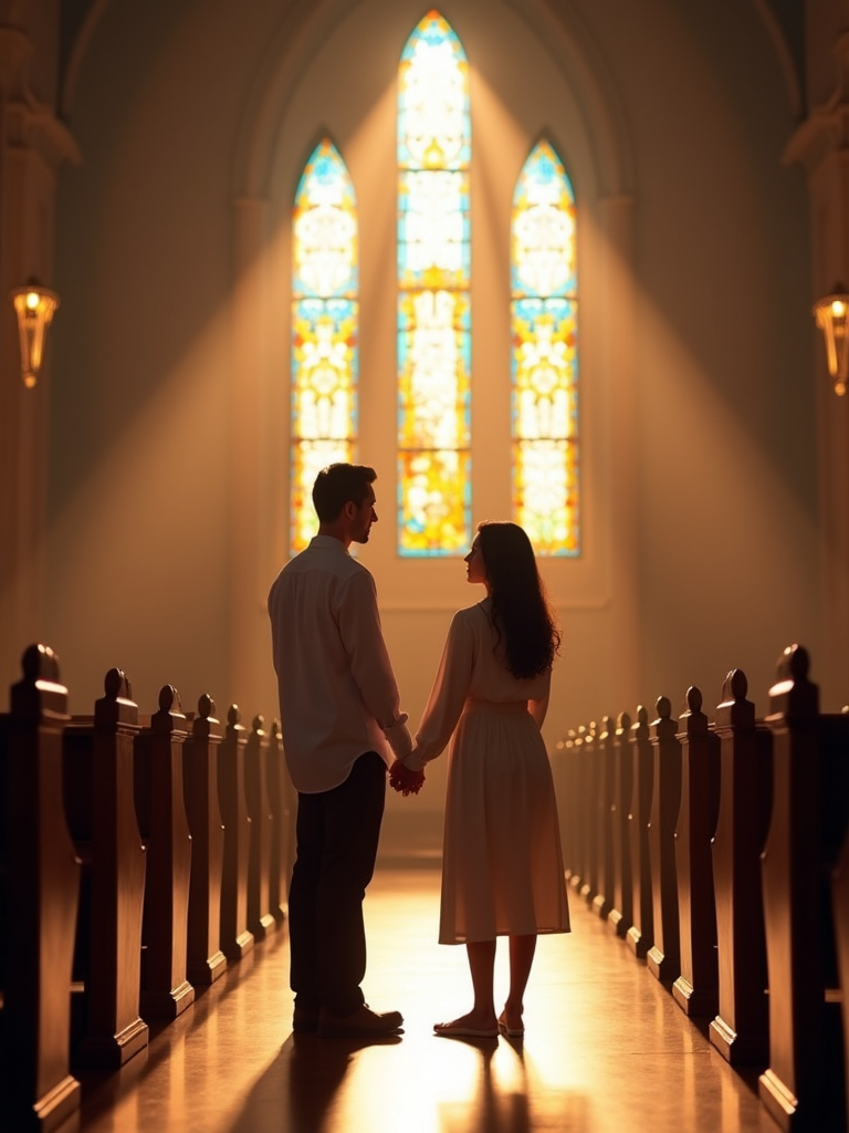 A couple standing in the aisle of a serene church, holding hands under the light streaming through large stained-glass windows.