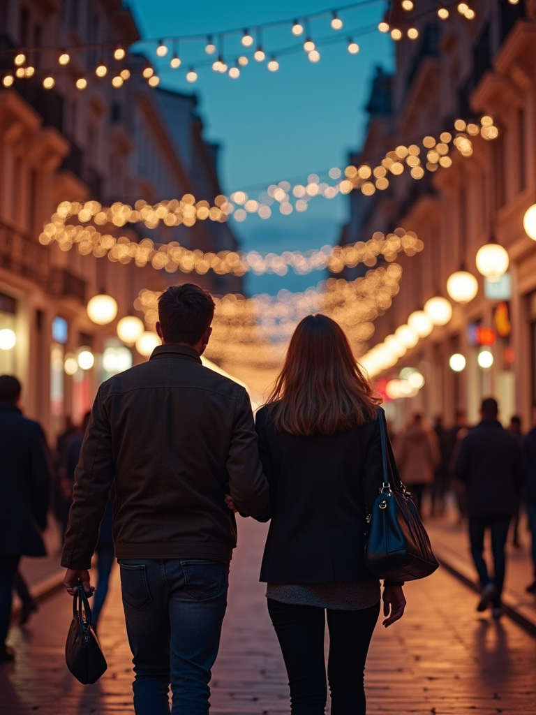 A couple walking arm-in-arm through a lively city street illuminated with strings of hanging lights and glowing storefronts in the evening.