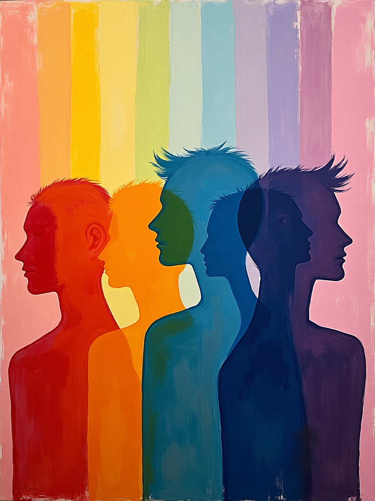 A symbolic artwork featuring a spectrum of colors blending seamlessly, with abstract human silhouettes representing various sexual orientations and identities.