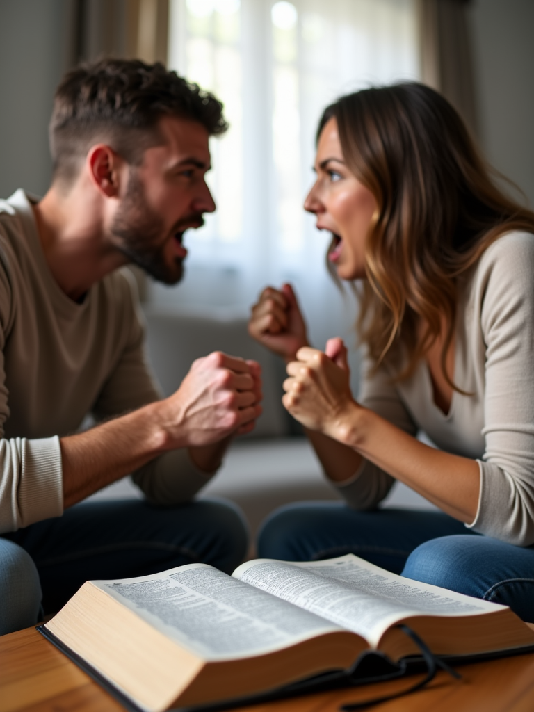 A man and a woman having a heated argument, with raised voices and clenched fists, while a Bible lies open on the coffee table in front of them