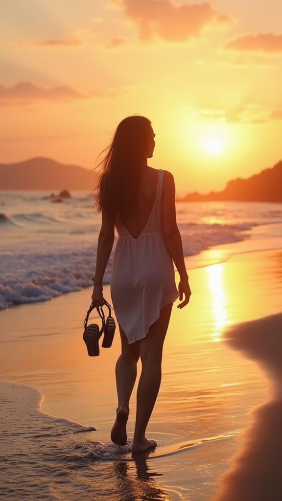 A serene beach scene at sunset where a woman walks alone along the shoreline, waves gently lapping at her feet as she carries her sandals in one hand and contemplates her future with a calm yet hopeful expression.