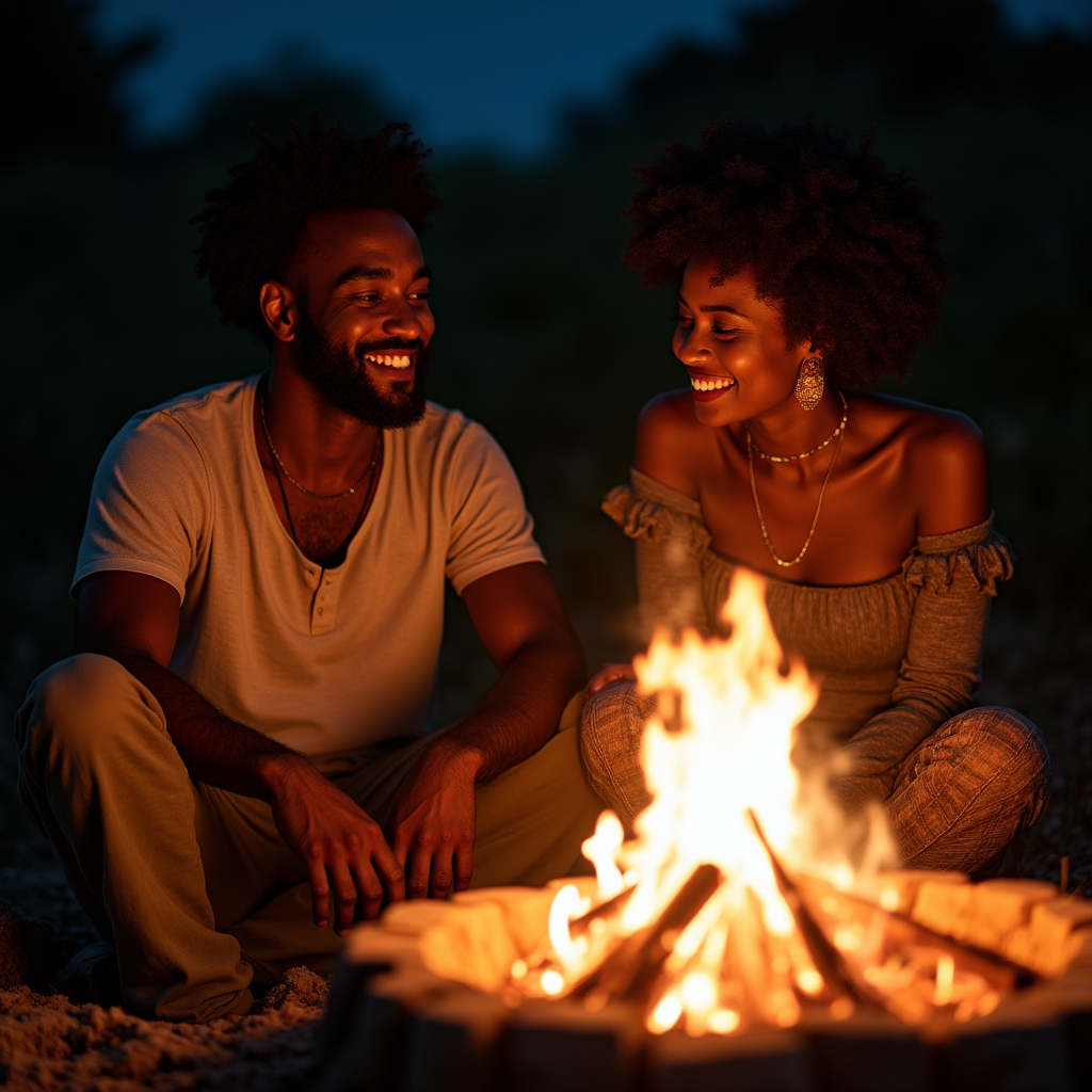 A cozy night setting with a man and woman sitting close by a fire, the man sharing a heartfelt story about his upbringing while the flames cast a warm glow on their faces.