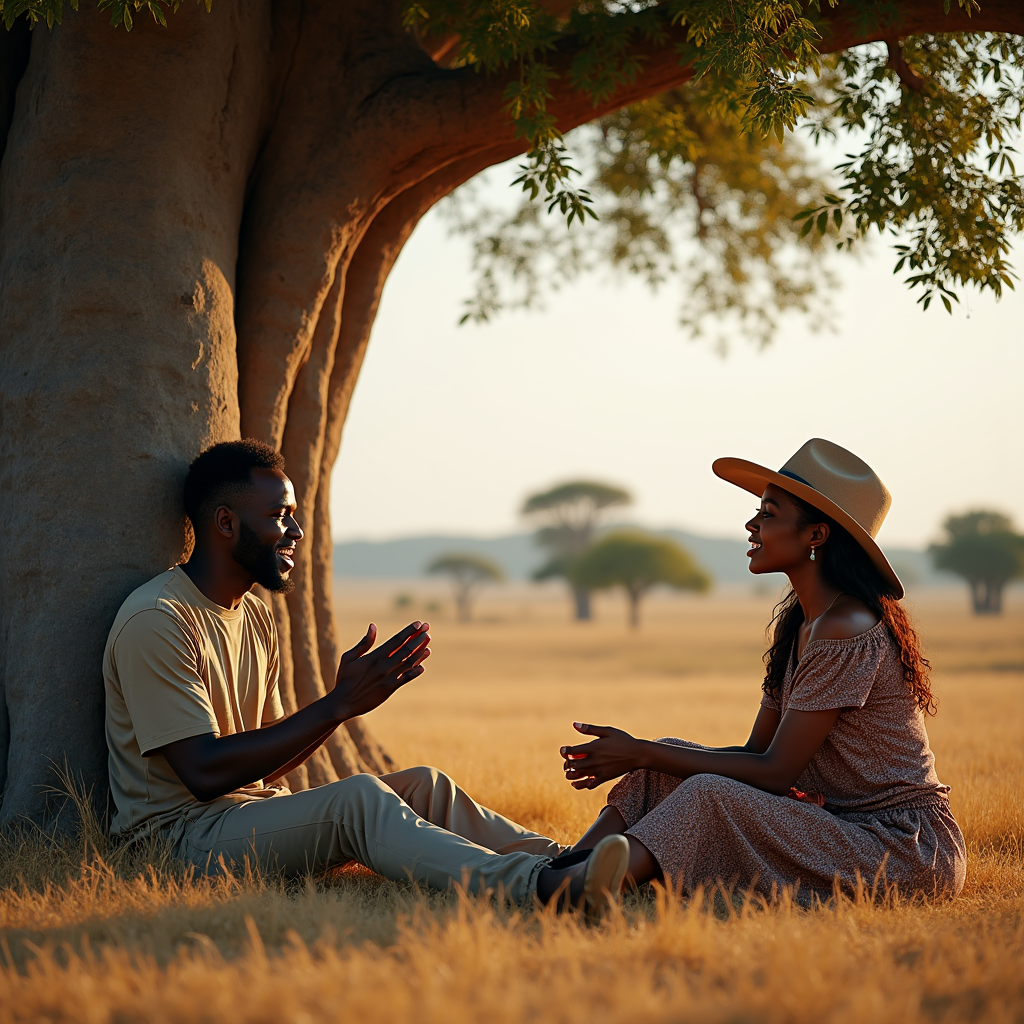 A scene of a couple sitting under a large baobab tree, the man passionately sharing an African proverb while the woman listens intently, both surrounded by the tranquil beauty of nature.