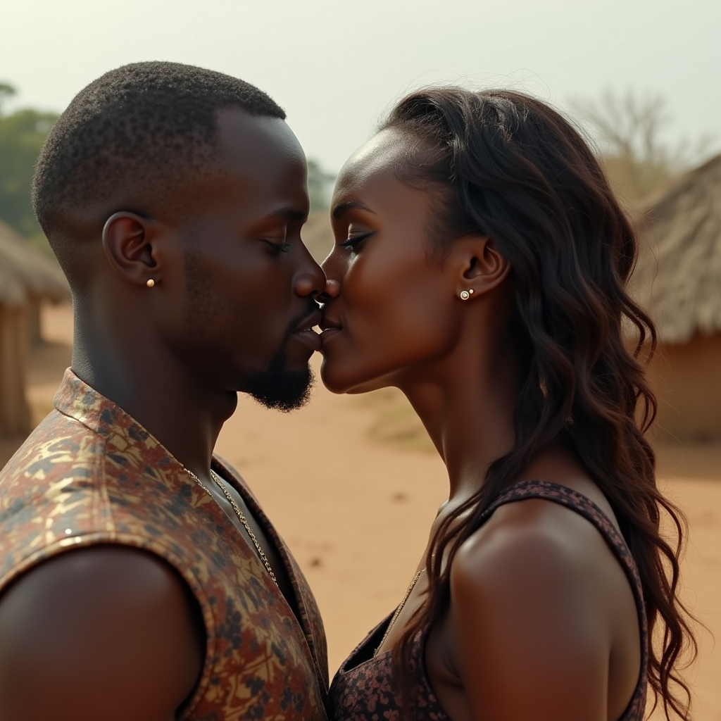 An intimate setting of a couple in a serene African village, the man softly whispering in the woman’s ear, with visible emotion in his eyes, signifying a deep conversation.