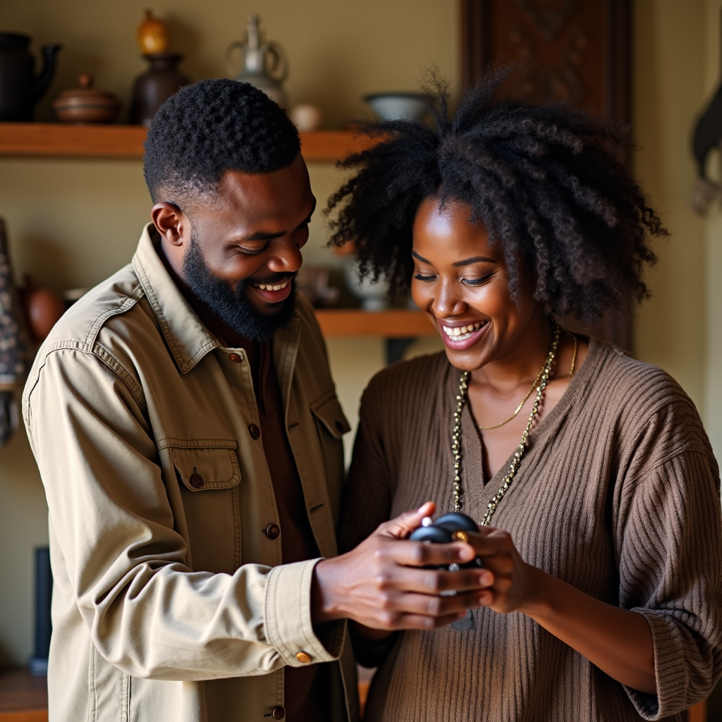 A man assisting a woman in her home with a small repair, his focused expression contrasting her grateful smile, the room adorned with cultural artifacts.