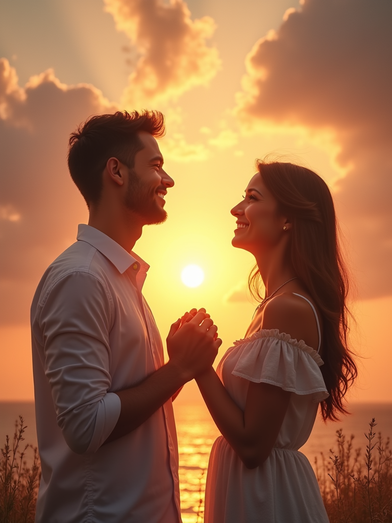 A heartwarming scene, with a couple praying together, holding hands and looking up towards the sky, surrounded by a peaceful atmosphere, with soft music playing in the background, conveying a sense of spirituality and connection