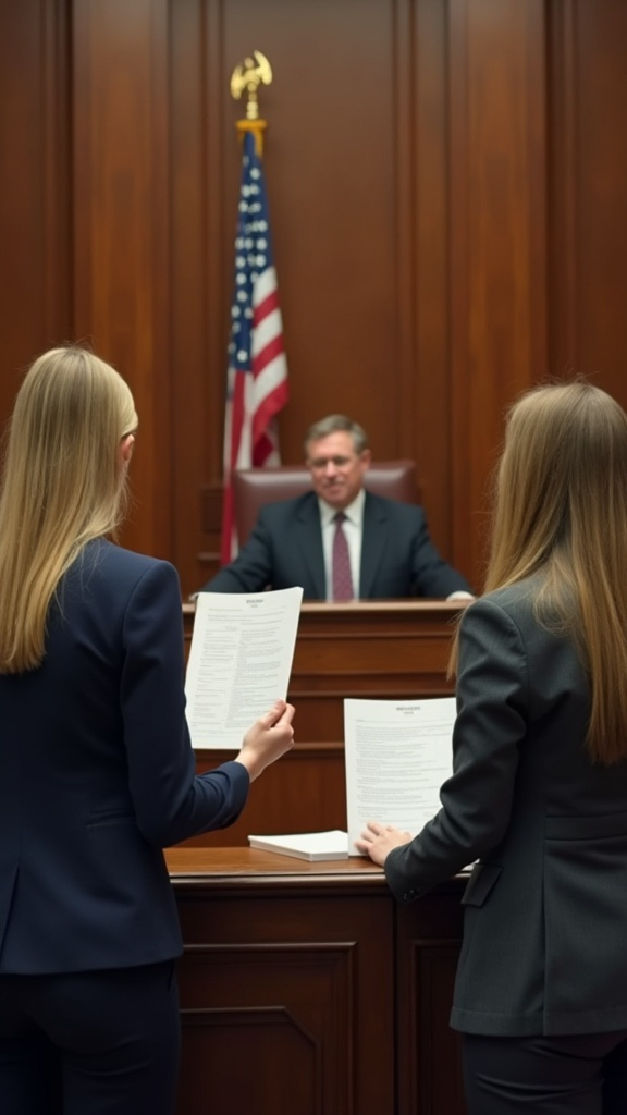 A courtroom scene with a woman and her ex-partner standing on opposite sides, each holding bundles of legal documents, as the judge looks on from the bench; tension fills the air, representing unresolved financial disputes.