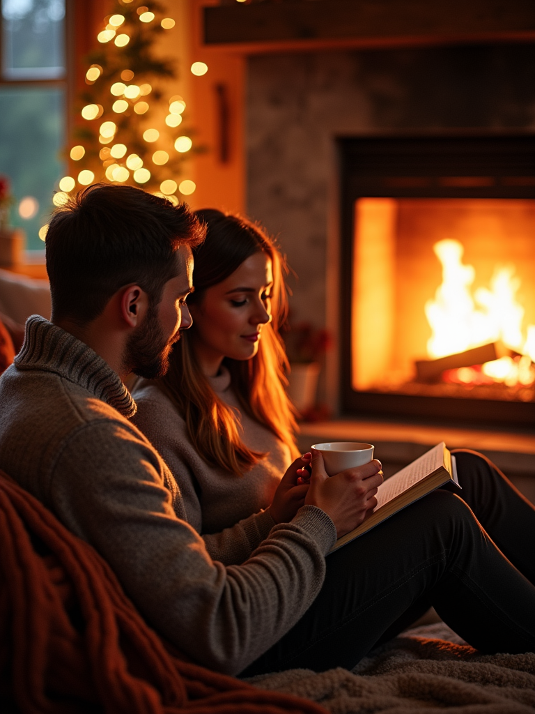 A couple sitting together by a warm, glowing fireplace, sharing a quiet moment with a book and a cup of coffee in a holiday-decorated home.