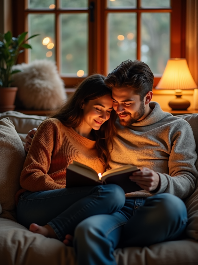 A cozy reading nook, with a couple snuggled up together on a comfortable couch, reading books or sharing a devotional, surrounded by soft pillows, warm lighting, and a peaceful atmosphere, conveying a sense of closeness and shared interests