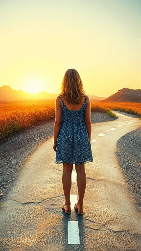 A woman standing alone at a crossroads, one path leading to a bright, sunny landscape symbolizing hope for reconciliation, and the other to a stormy, tumultuous scene indicating divorce, with signs representing cultural and financial pressures.