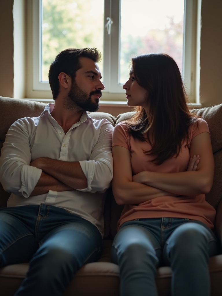 A couple sitting on a couch, looking away from each other with their arms crossed, surrounded by silence and unspoken words