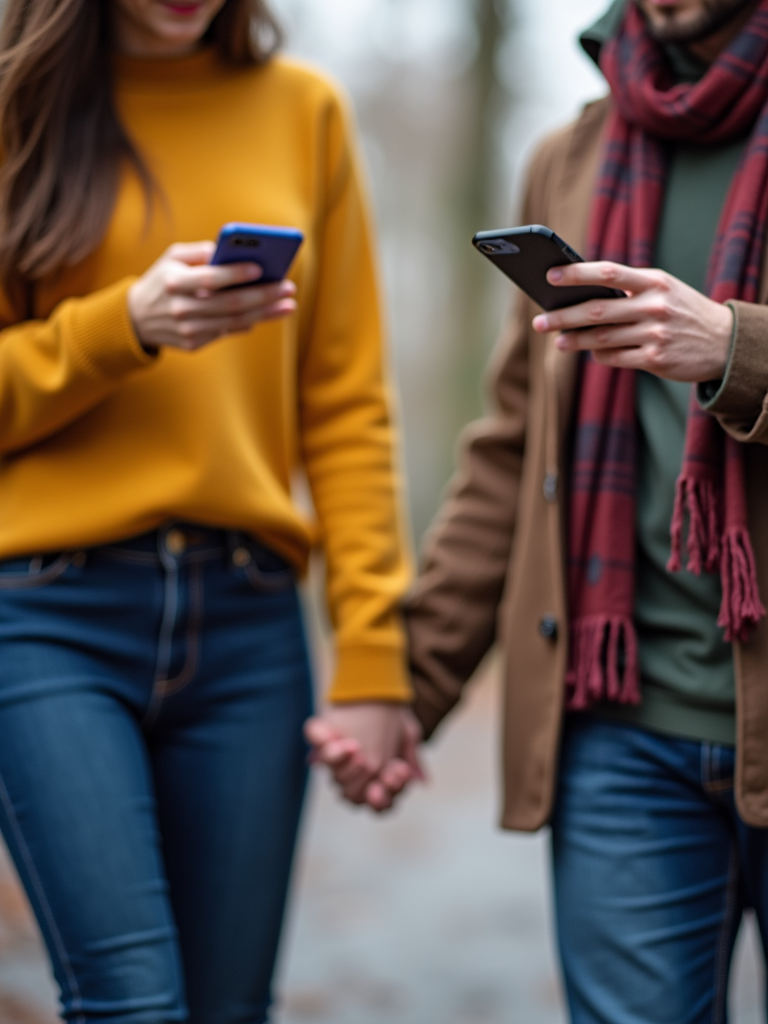 A couple holding hands, but with their eyes fixed on their phones, highlighting the distraction of technology in relationships