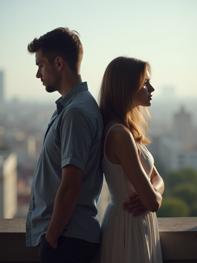 A couple standing back-to-back, with a cityscape or landscape behind them, symbolizing emotional distance and disconnection