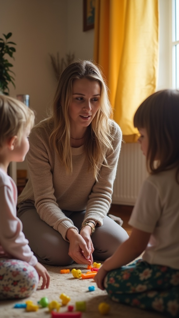 A mother kneeling down to speak with her children in a warmly lit living room, their toys scattered around, while she explains the complex family dynamics with gentle concern and affection visible on her face.