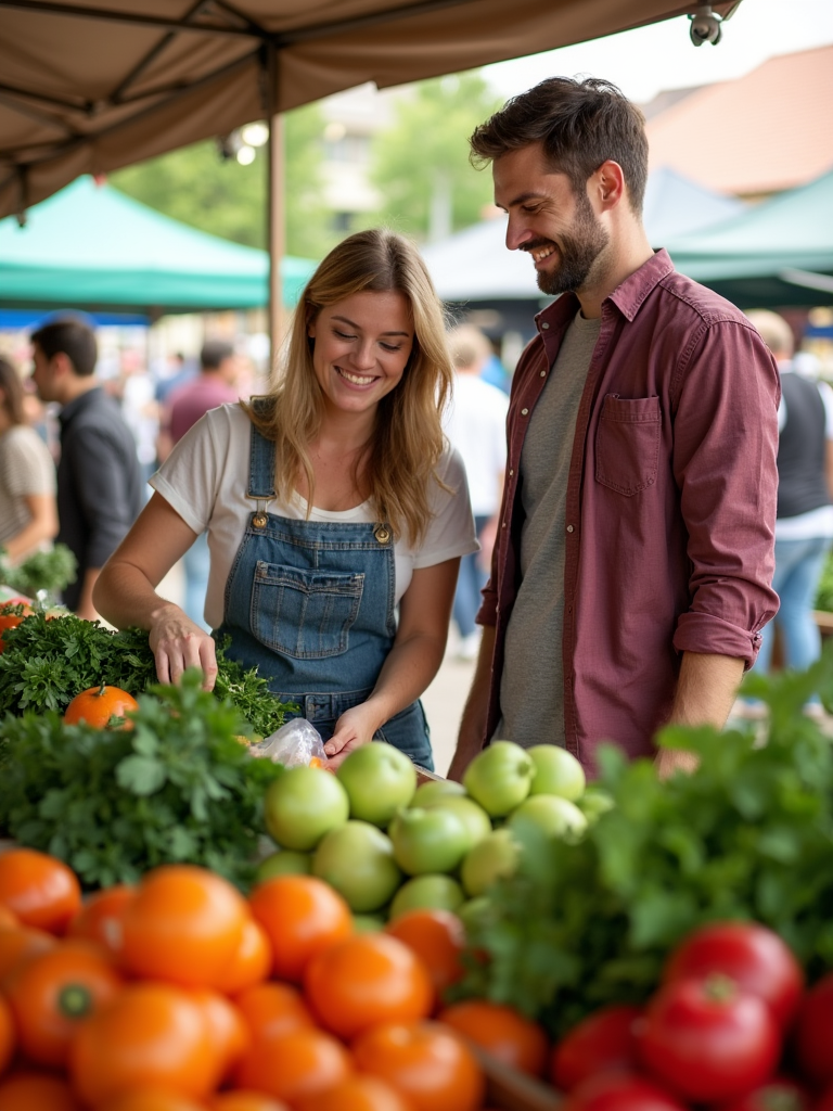 A couple enjoying their time at a bustling outdoor farmers' market, picking fresh fruits and vegetables together.