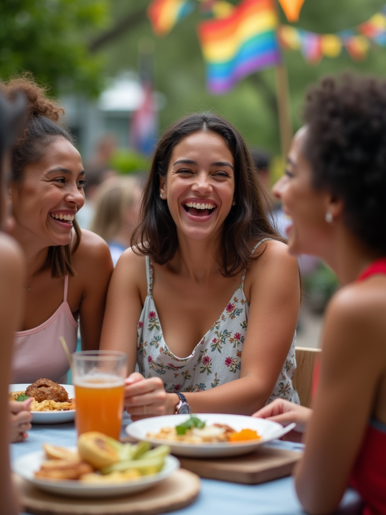 A group of friends of varying identities laughing and sharing a meal outdoors, exuding warmth and connection, with subtle rainbow-themed decorations in the background.