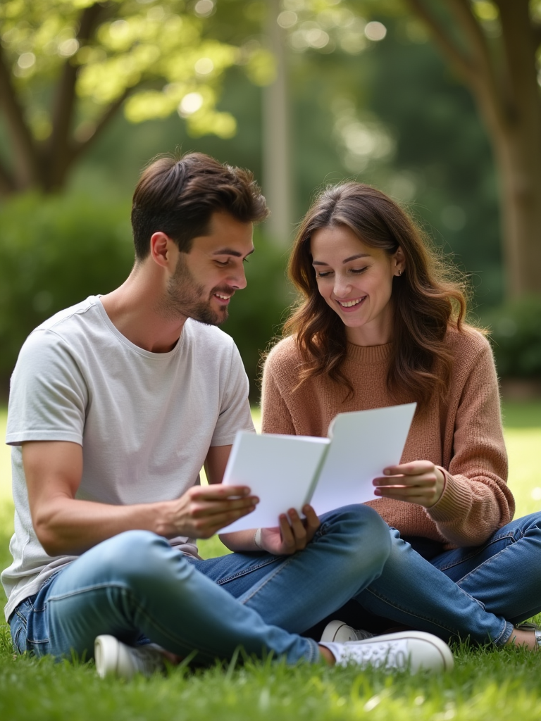 A serene garden setting where a couple sits quietly together, one partner writing a gratitude letter while the other reads it with a peaceful smile.