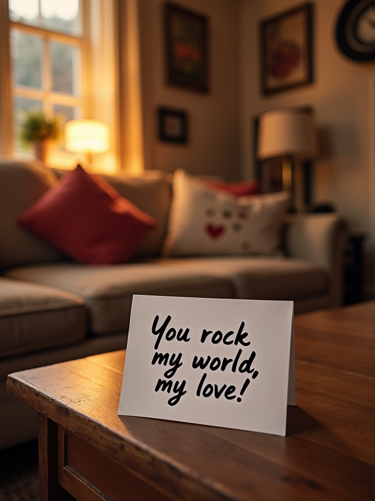 A cozy living room setting, where a note with a heartfelt compliment sits on a table, surrounded by warm lighting and personal mementos.