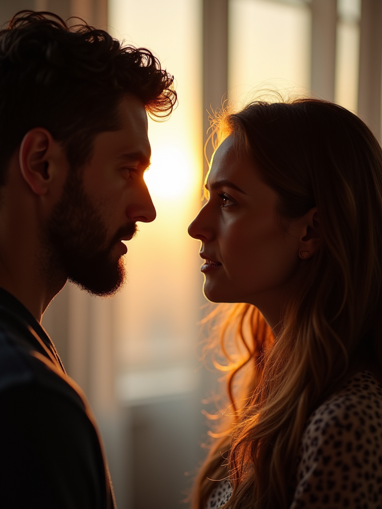 A man and a woman engaged in a deep, meaningful conversation, with soft focus and warm lighting, emphasizing the importance of communication