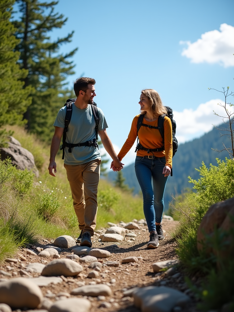 A couple holding hands while hiking along a picturesque nature trail, surrounded by greenery and sunny weather.