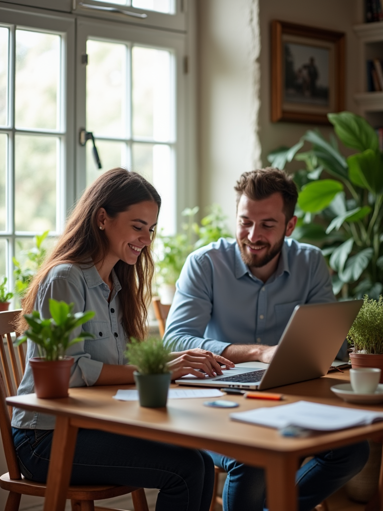 A comfortable and inviting home office, with a couple working together on their laptops, surrounded by plants, books, and a few family photos, representing a sense of teamwork, productivity, and shared goals