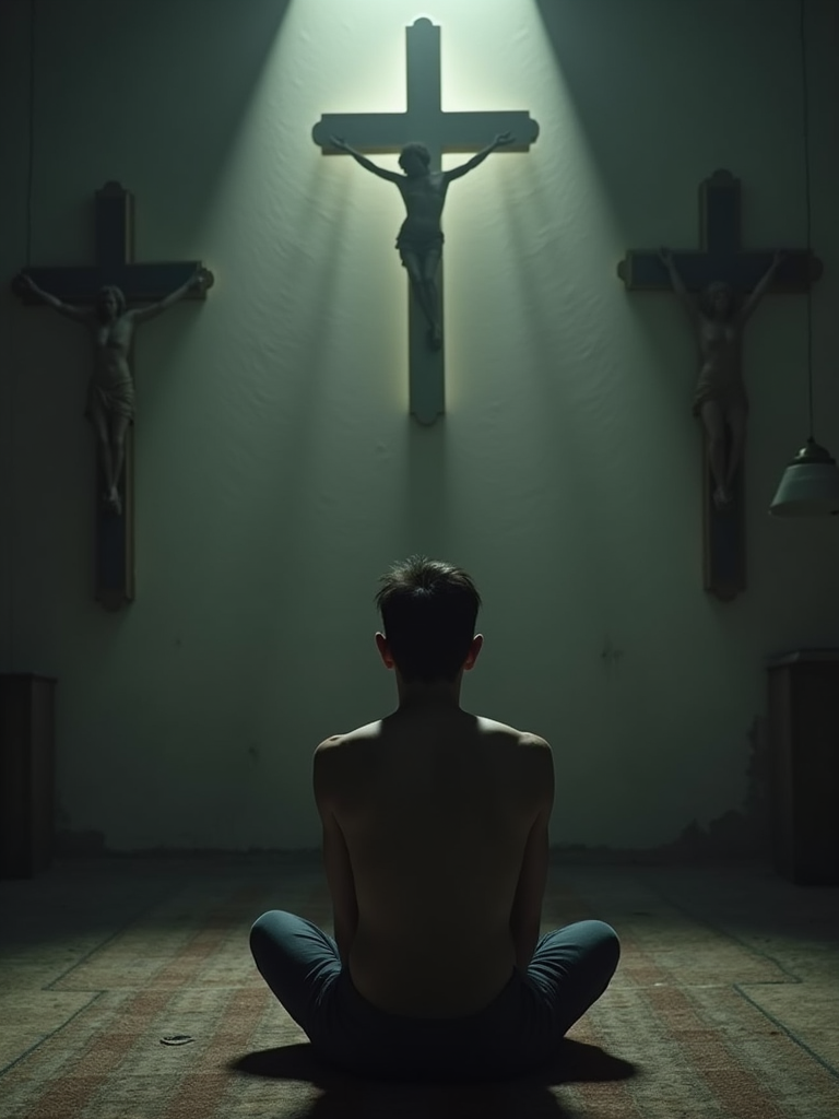 A solitary figure sitting in a dimly lit room, surrounded by religious symbols, visibly conflicted, symbolizing the tension between cultural or religious beliefs and sexual identity.