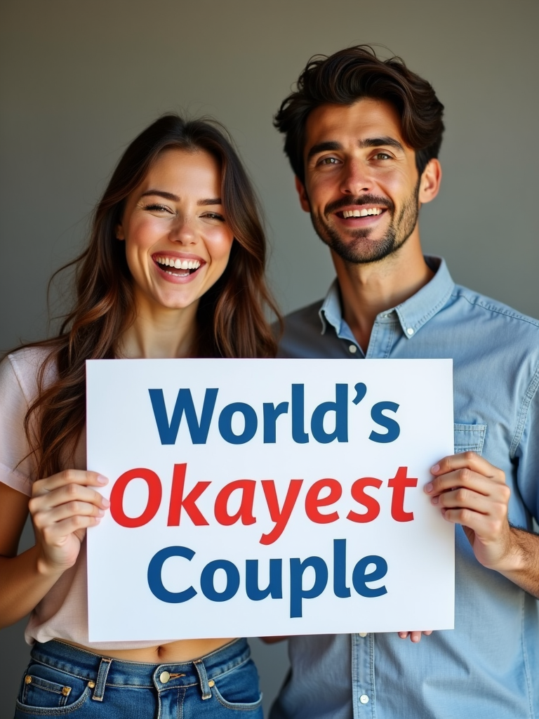 A couple holding a "World's Okayest Couple" sign, with humorous and lighthearted expressions, poking fun at the imperfections of relationships