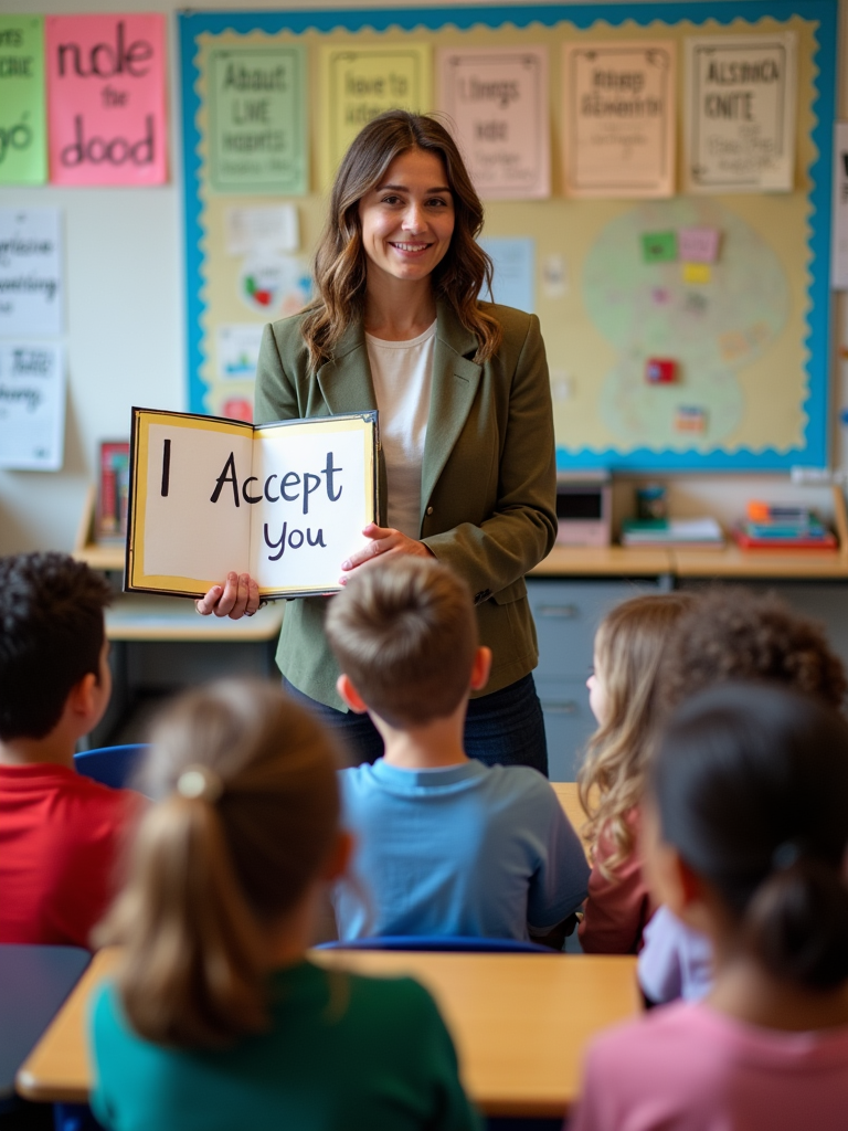 A classroom setting where a teacher holds up a book about inclusivity, while students of diverse backgrounds listen attentively, with colorful posters about love and respect on the walls.