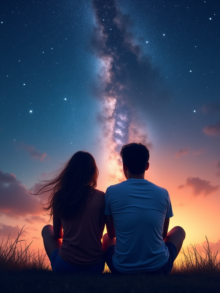 A couple sitting together, looking up at the stars or a beautiful night sky, representing the infinite possibilities and promises of a strong, loving relationship