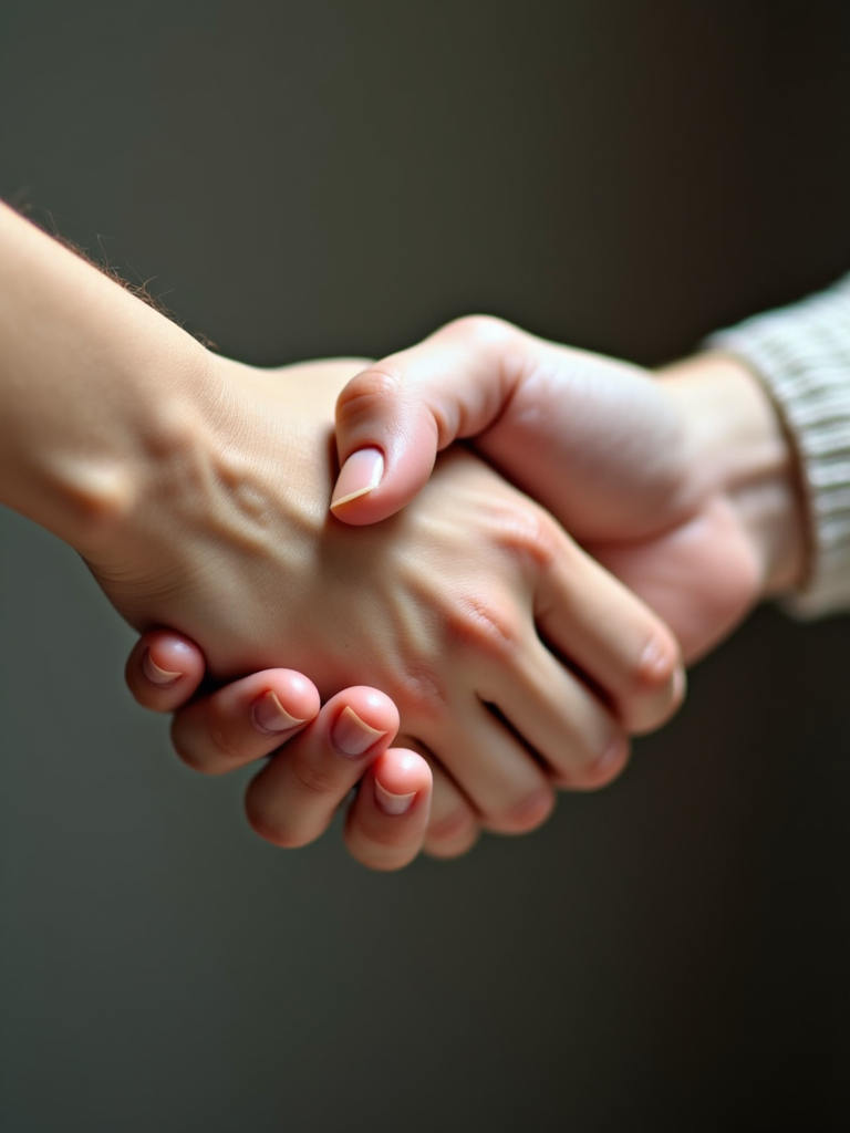 A close-up of two hands intertwined, symbolizing trust and mutual admiration, with a focus on gentle touch and emotional connection.