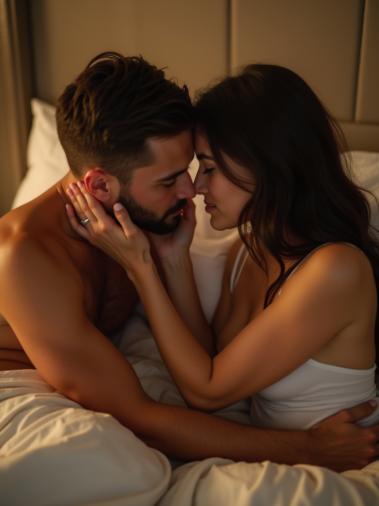 An intimate bedroom scene with one partner gently caressing the other's face while whispering words of praise, creating an atmosphere of trust and vulnerability.