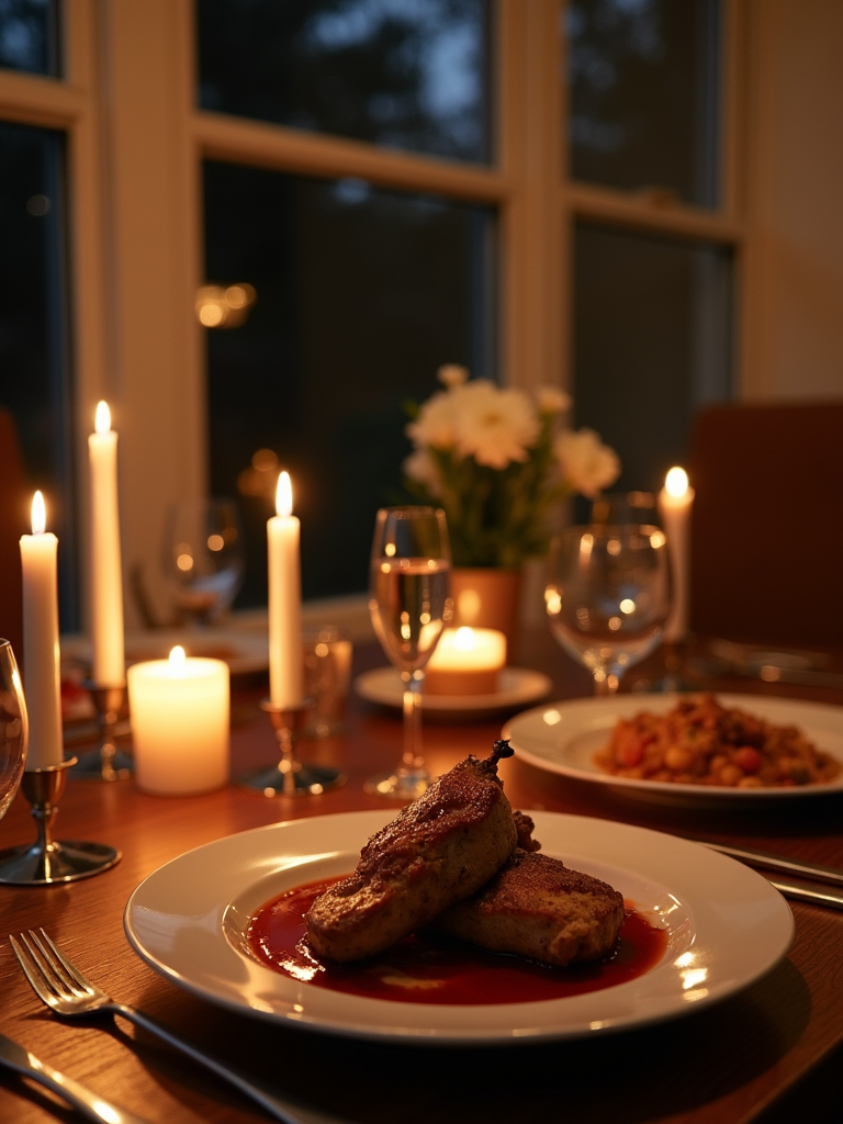 A beautifully set dinner table with plates of gourmet food, surrounded by glowing candles and a vase of fresh flowers.