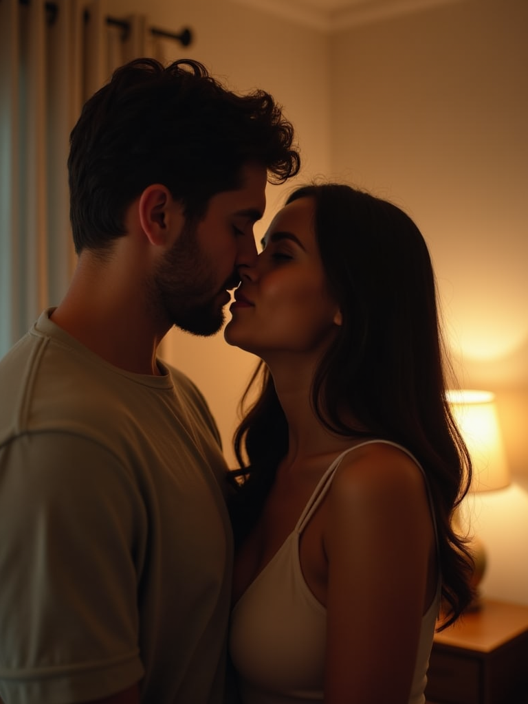 A couple sharing an intimate moment, one partner whispering heartfelt praise to the other in a softly lit room, capturing the warmth and connection of the moment.