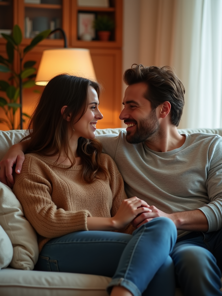 A loving couple sitting on a couch, holding hands and looking into each other's eyes, with gentle smiles on their faces, surrounded by a cozy living room with soft music playing in the background, conveying a sense of togetherness and intimacy