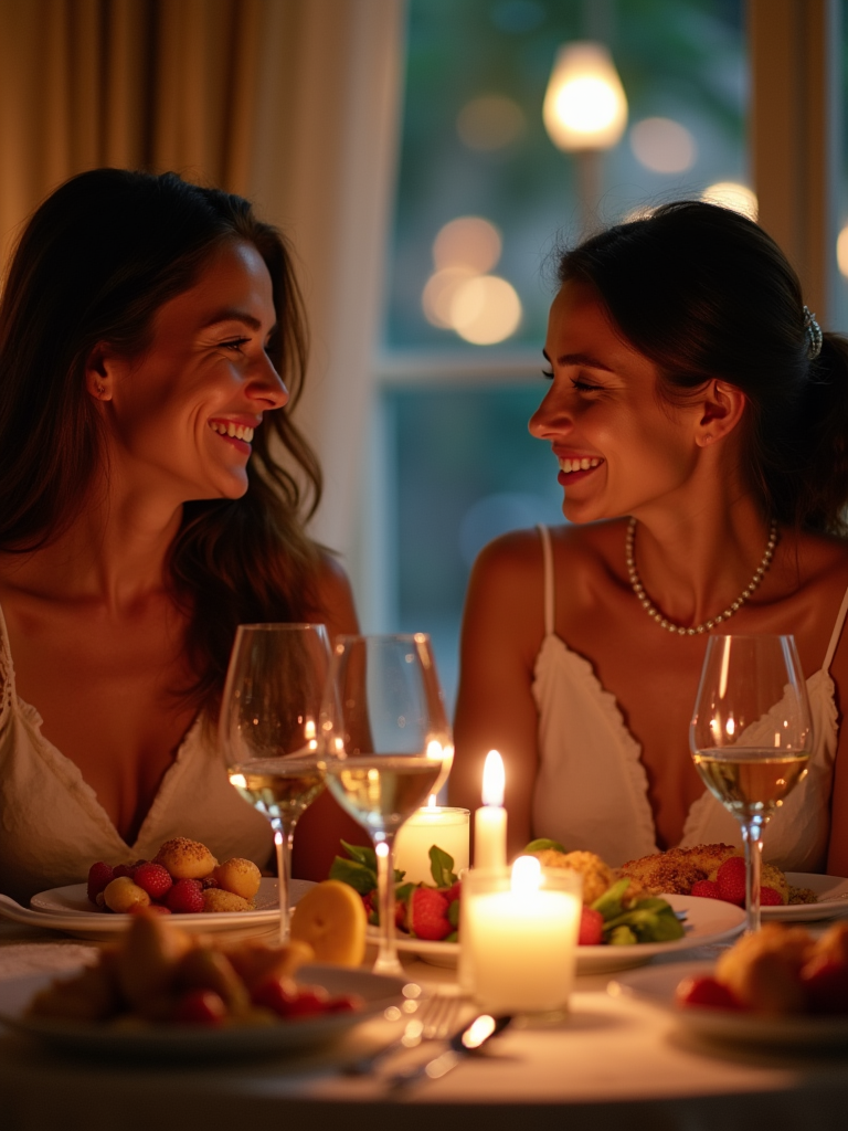 A couple sharing a romantic dinner, with a beautiful table setting and soft candlelight, highlighting the importance of quality time