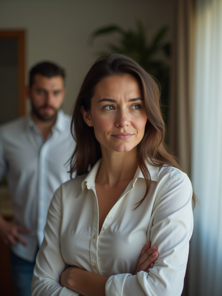 A woman feeling unappreciated and overlooked, with her partner in the background, busy with work or other tasks