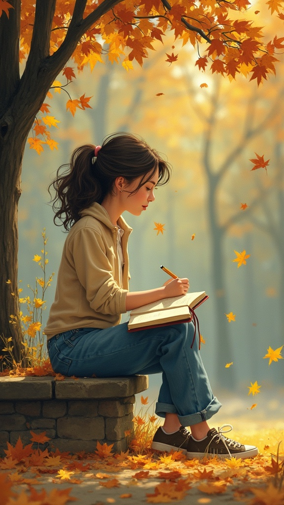 An illustration of a woman sitting in a park, journal open on her lap, pen poised, as she writes about her emotional journey; around her, ghostly figures of past memories linger amidst autumn leaves falling gently around her.