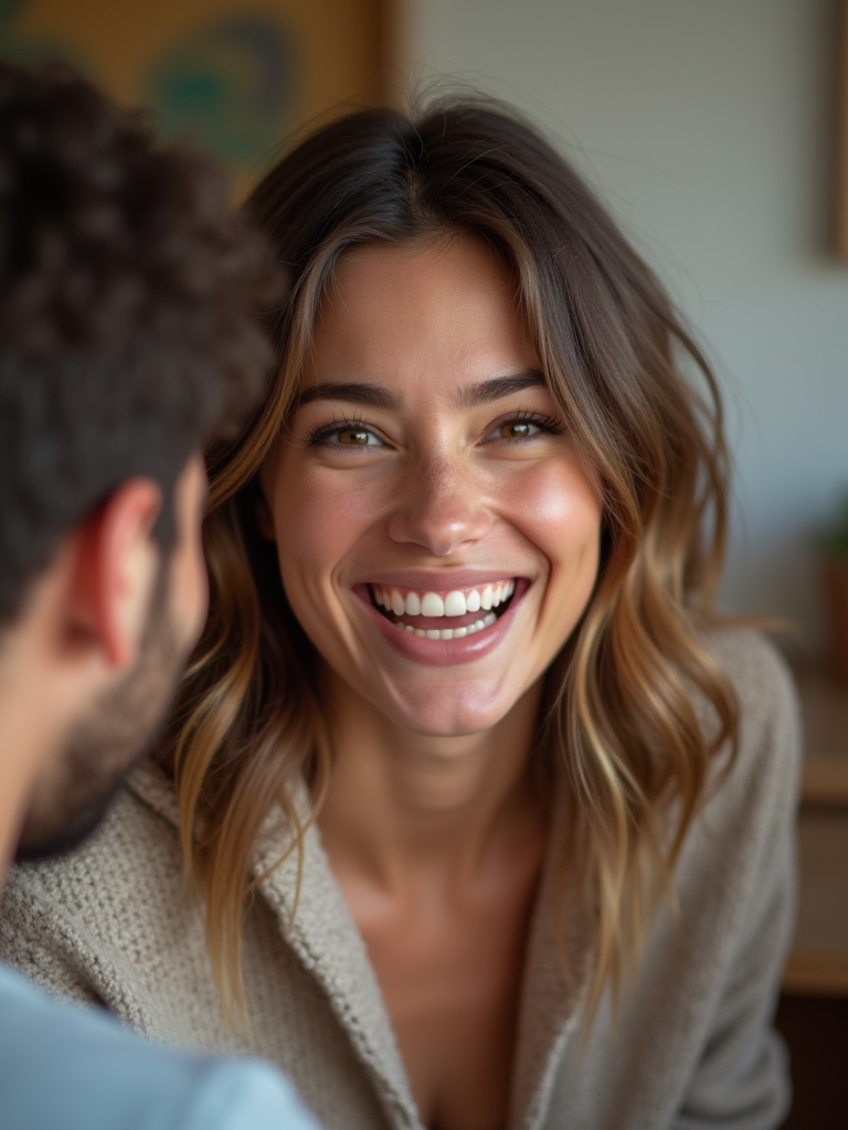 An expressive portrait of a person receiving a genuine compliment, their face glowing with happiness and appreciation, set against a soft background.