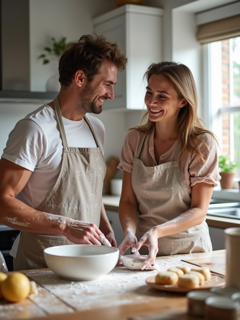 A couple laughing and enjoying themselves while baking together in a bright kitchen, their aprons dusted with flour.