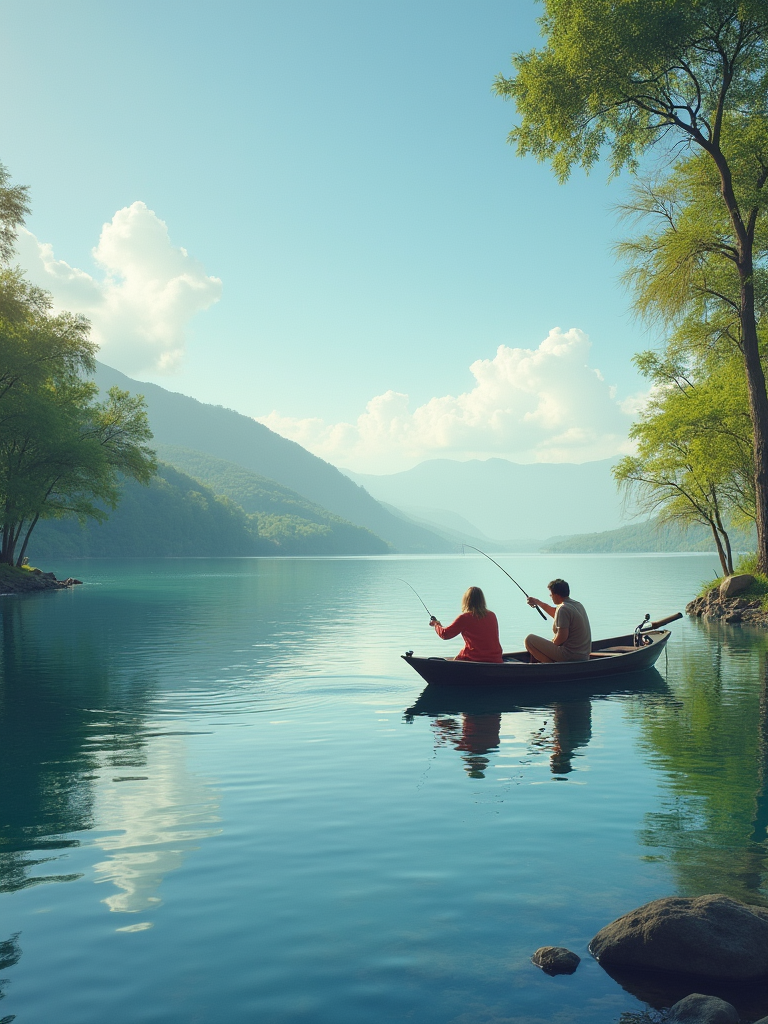 Two people fishing together on a small boat surrounded by a serene mountain lake and lush greenery.