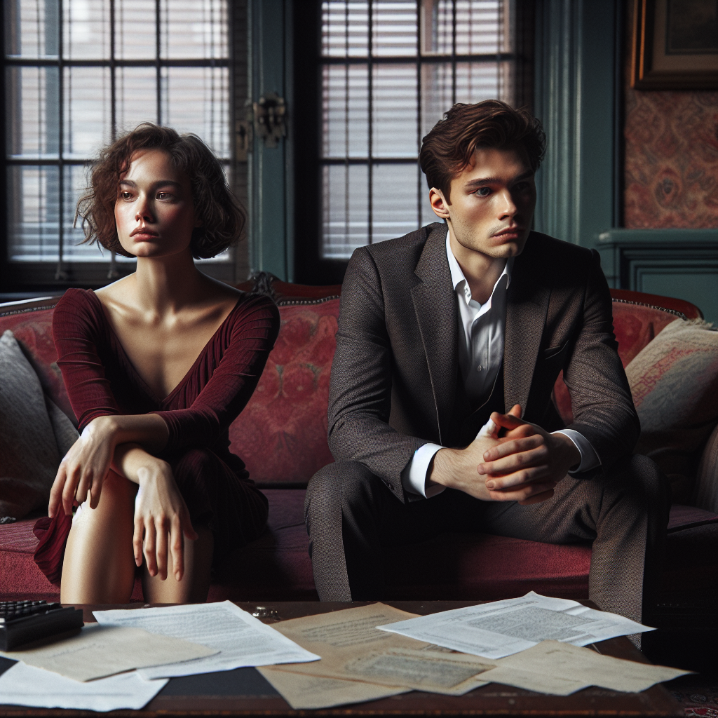 A couple sitting apart on a sofa in a dimly lit room, the woman looking out the window with a pensive expression, while the man stares at the ground with furrowed brows, surrounded by scattered legal documents and financial papers.