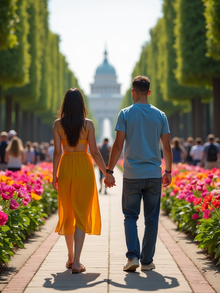 An LGBTQ+ couple holding hands in a public park, surrounded by colorful flowers and supportive onlookers, symbolizing acceptance and love.